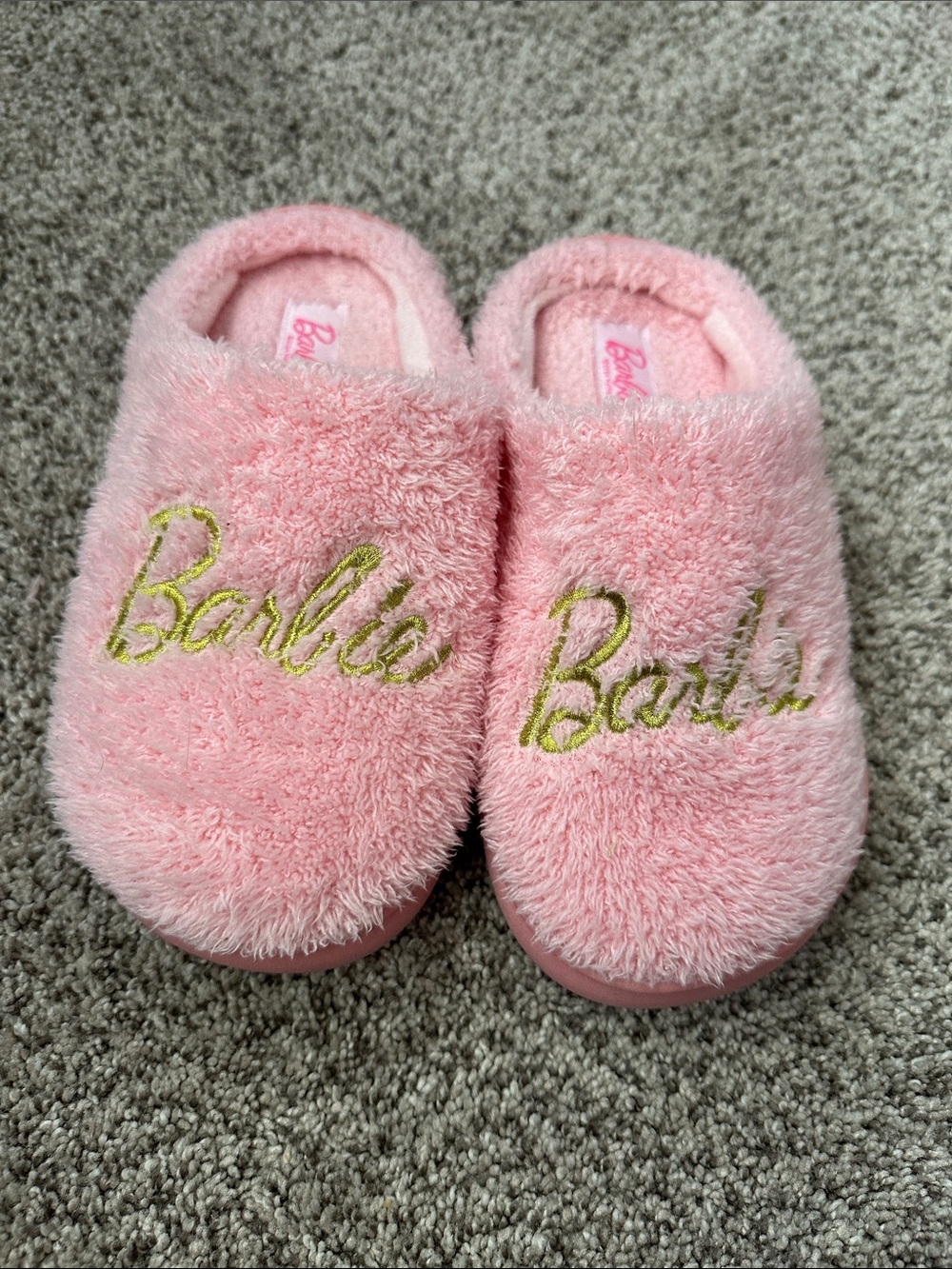Barbie Pink Plush Slippers with Gold Script Embroidery